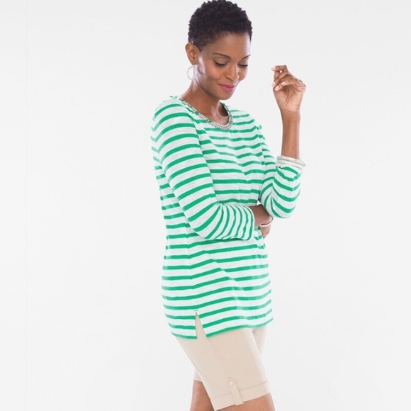 Chico’s Green Striped Bedazzled Embellished-Neckline Top Nautical Size 16 - Picture 3 of 11